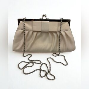 La Regale Ivory Satin Evening Clutch Kiss Lock Chain Strap